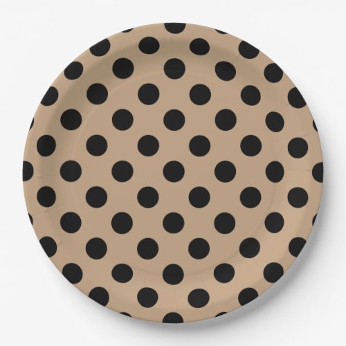 Black polka dots on beige paper plates