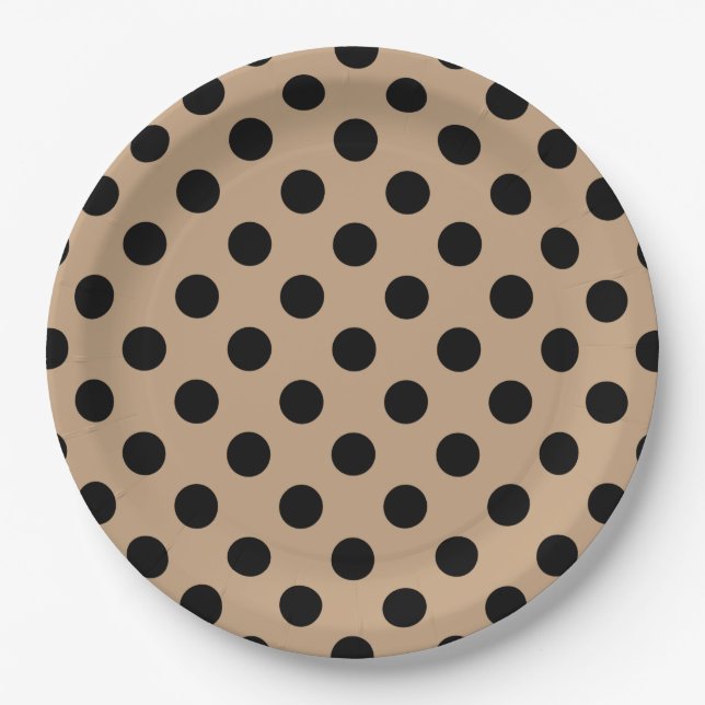 Black polka dots on beige paper plates (Front)