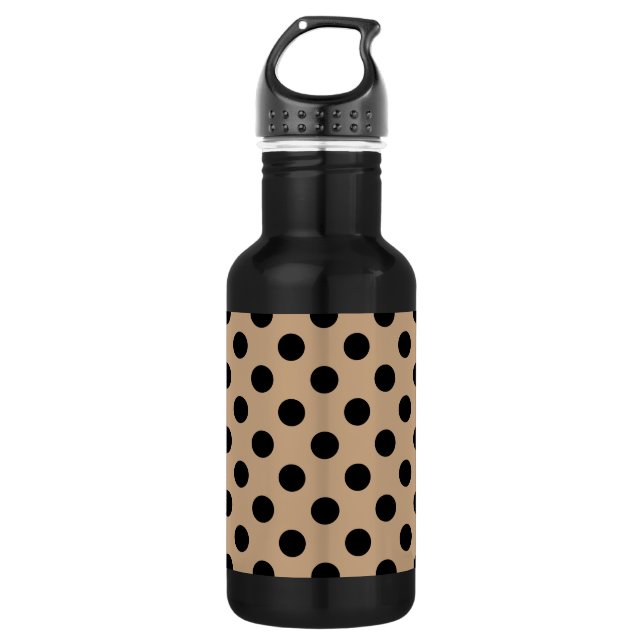 Black polka dots on beige stainless steel water bottle (Front)