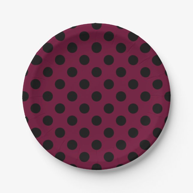 Black polka dots on burgundy paper plates (Front)