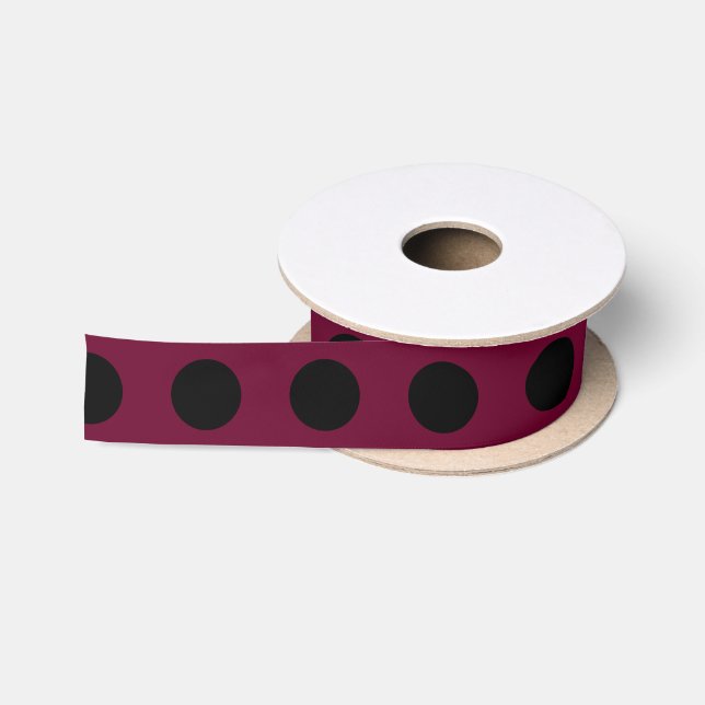 Black polka dots on burgundy satin ribbon (Spool)