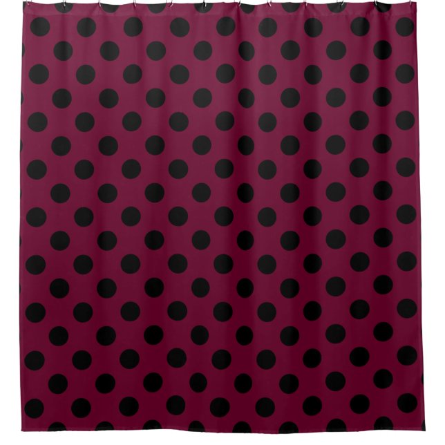 Black polka dots on burgundy shower curtain (Front)