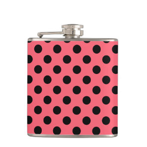 Black polka dots on coral hip flask