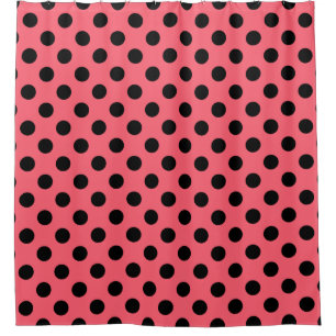 Black polka dots on coral shower curtain