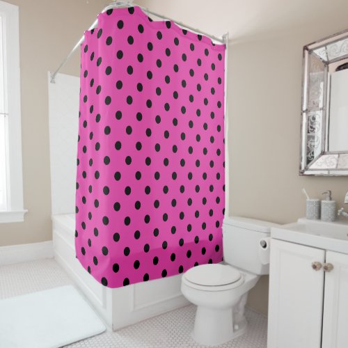 Black Polka Dots on Diva Pink Shower Curtain