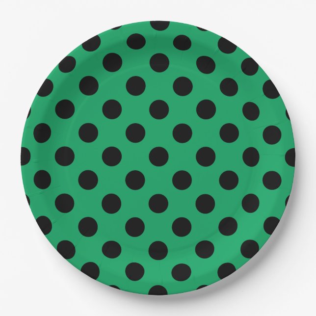 Black polka dots on fresh green paper plates (Front)