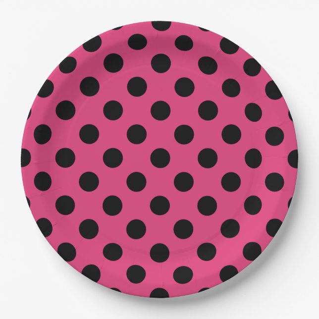 Black polka dots on fuchsia paper plates (Front)