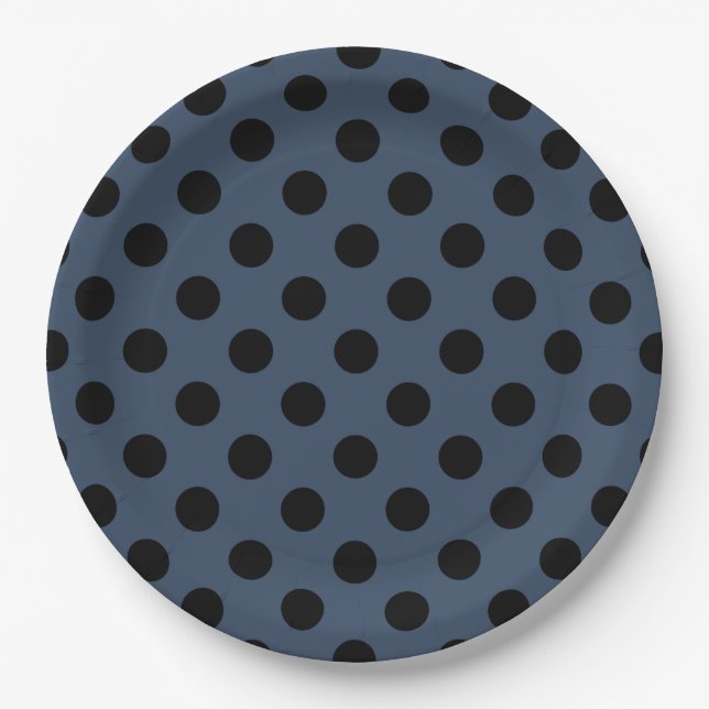 Black polka dots on gray-blue paper plates (Front)