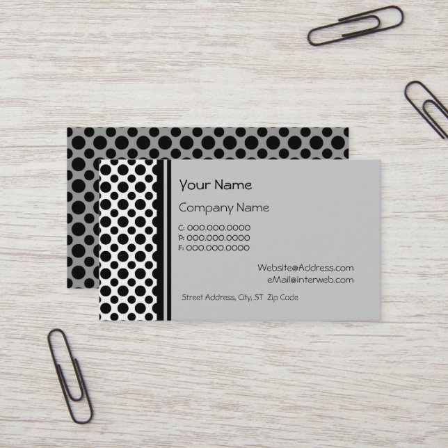 Black Polka Dots on Gray Custom Business Cards (Front/Back In Situ)