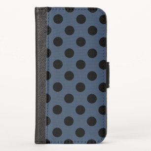 Black polka dots on grey-blue iPhone wallet case