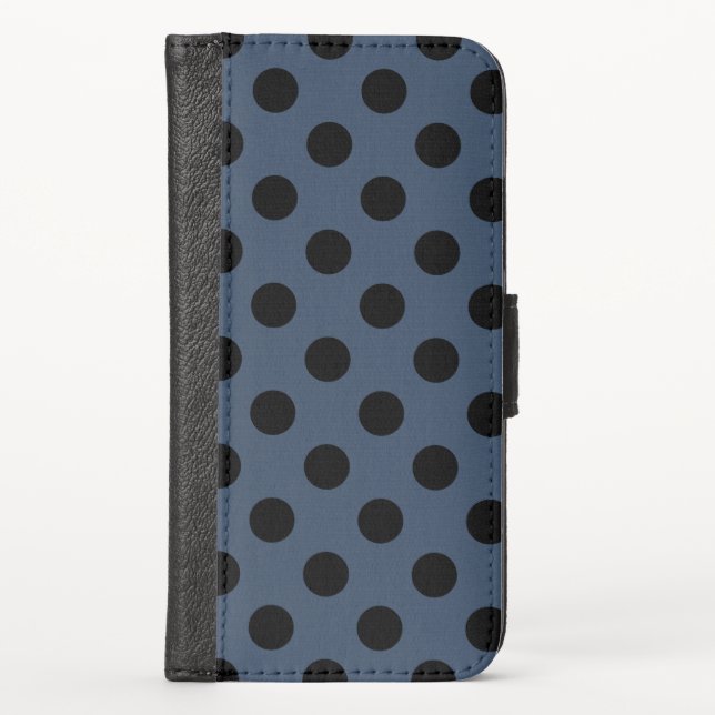 Black polka dots on grey-blue iPhone wallet case (Front)