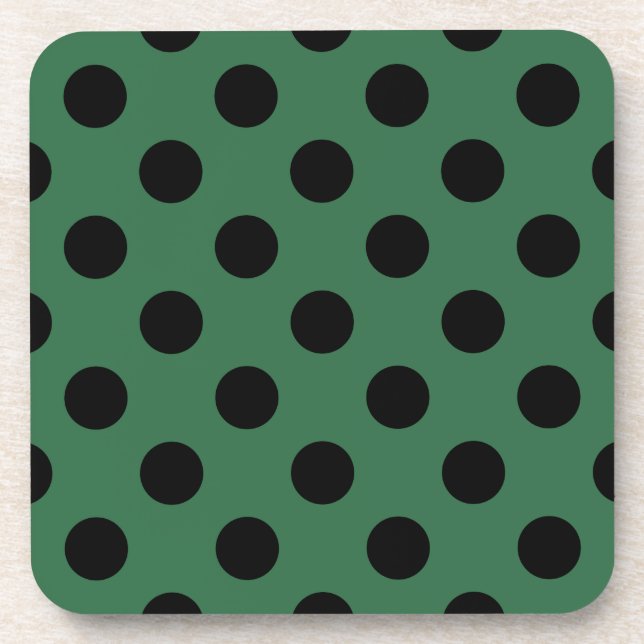 Black polka dots on kelly green drink coaster (Front)