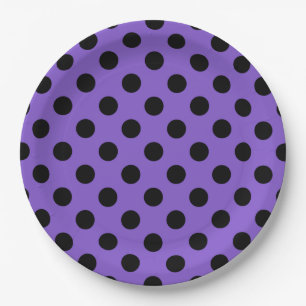 Black polka dots on lavender paper plates