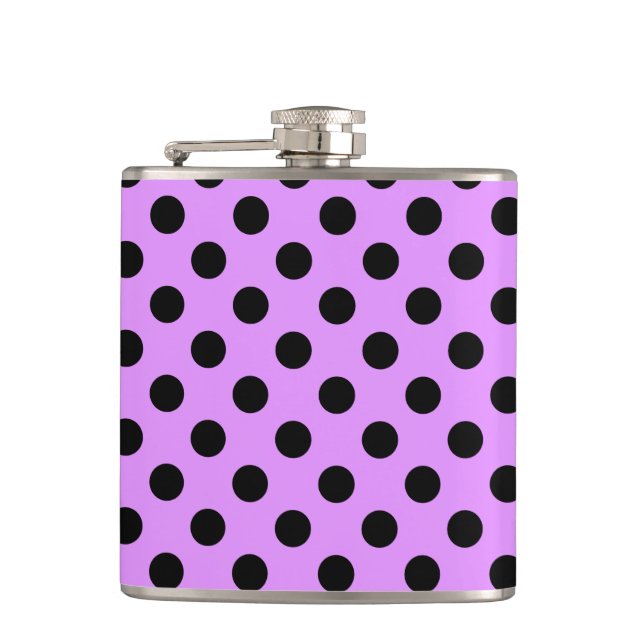 Black polka dots on lilac hip flask (Front)