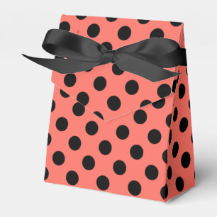 Black polka dots on living coral favor boxes