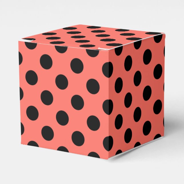Black polka dots on living coral favor boxes (Front Side)