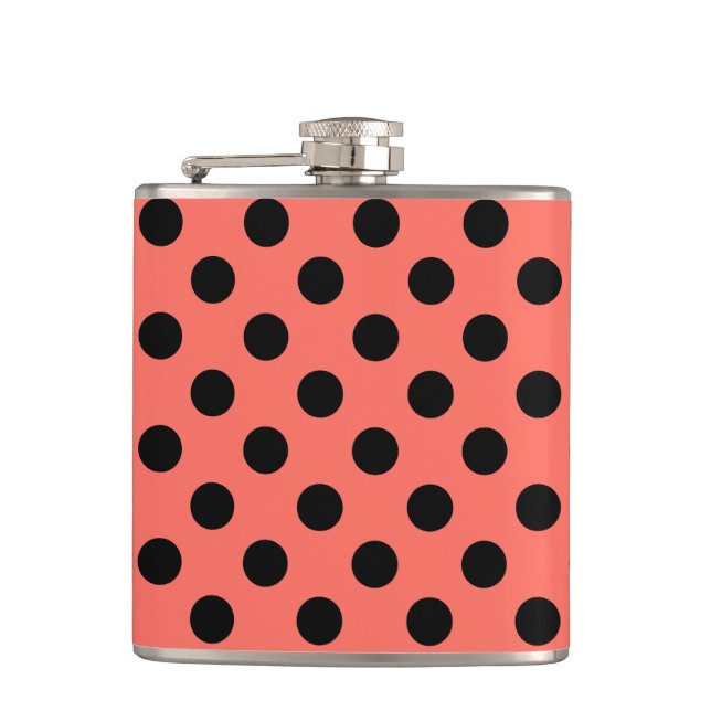 Black polka dots on living coral flask (Front)