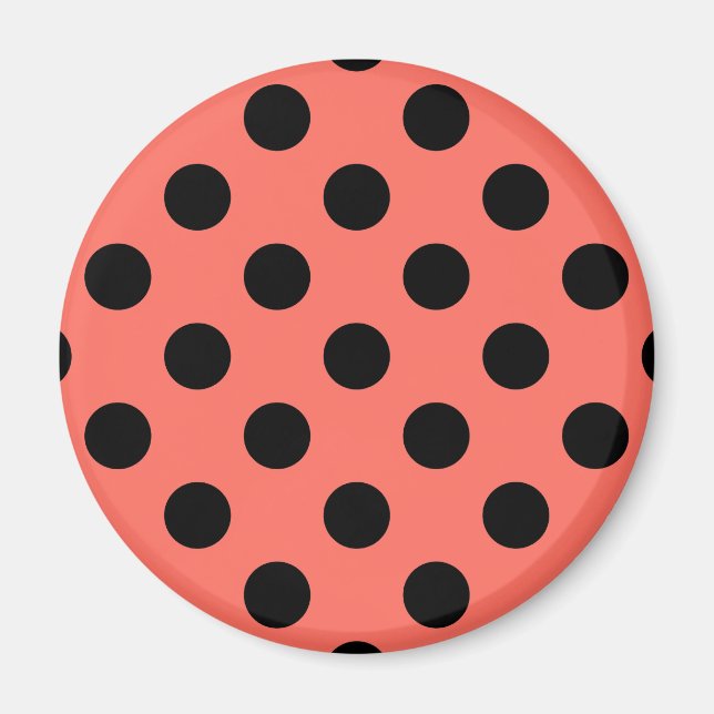 Black polka dots on living coral magnet (Front)