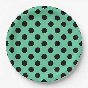 Black polka dots on mint green paper plates