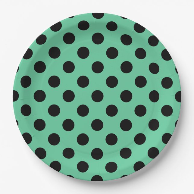 Black polka dots on mint green paper plates (Front)