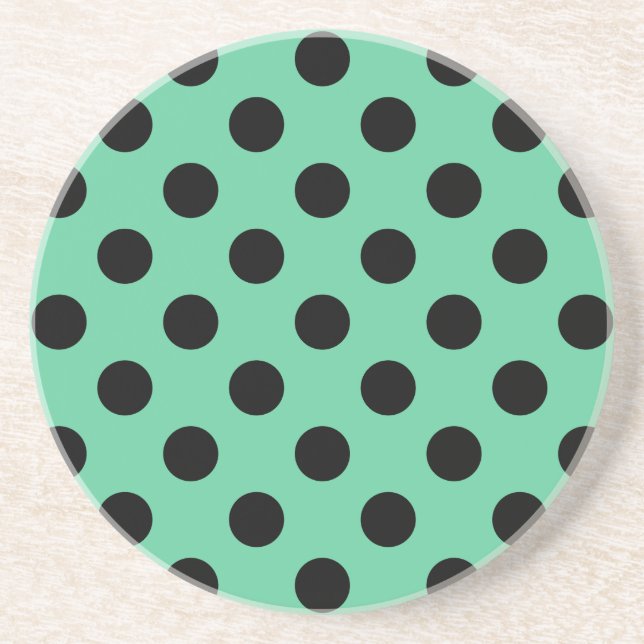 Black polka dots on mint green sandstone coaster (Front)