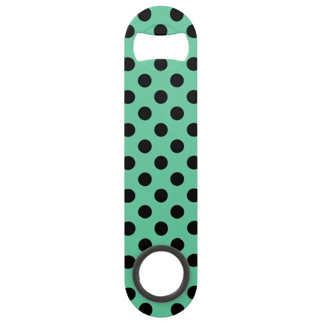 Black polka dots on mint green speed bottle opener (Front)