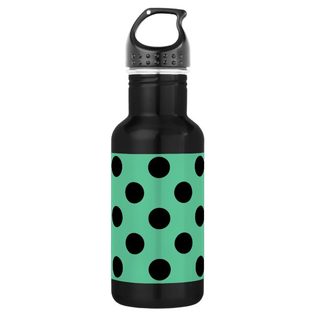 Black polka dots on mint green stainless steel water bottle (Front)