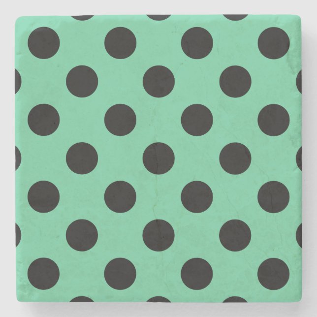 Black polka dots on mint green stone coaster (Front)