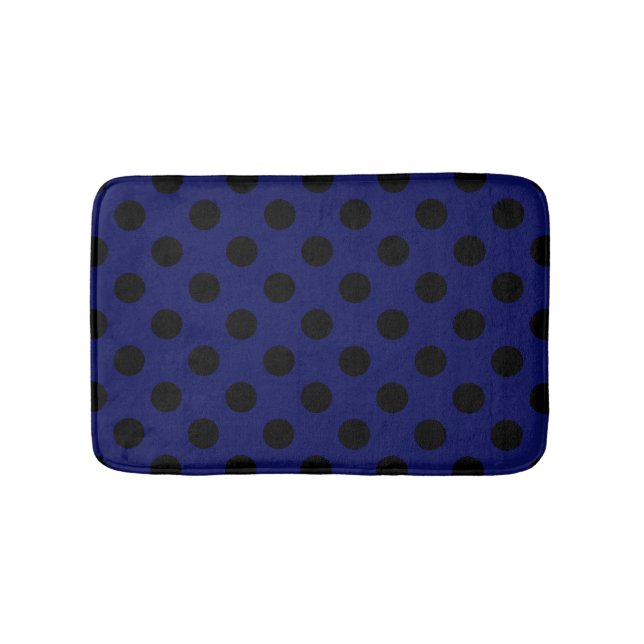 Black polka dots on navy blue bathroom mat (Front)