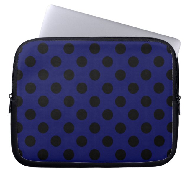 Black polka dots on navy blue laptop sleeve (Front)