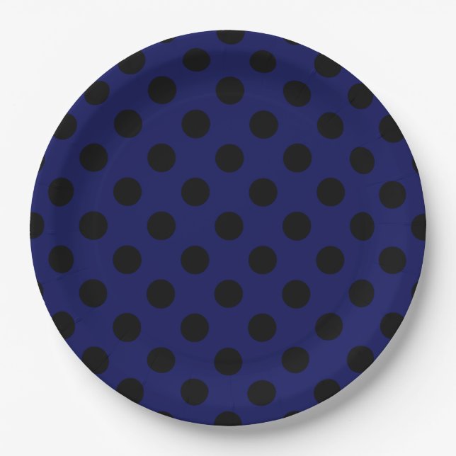 Black polka dots on navy blue paper plates (Front)