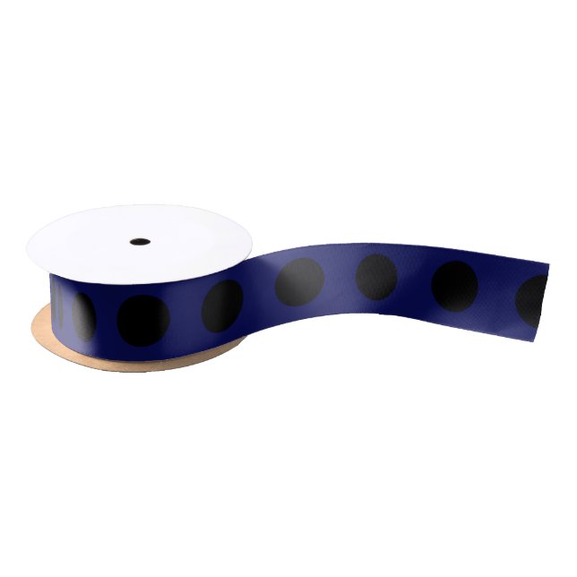 Black polka dots on navy blue satin ribbon (Spool)