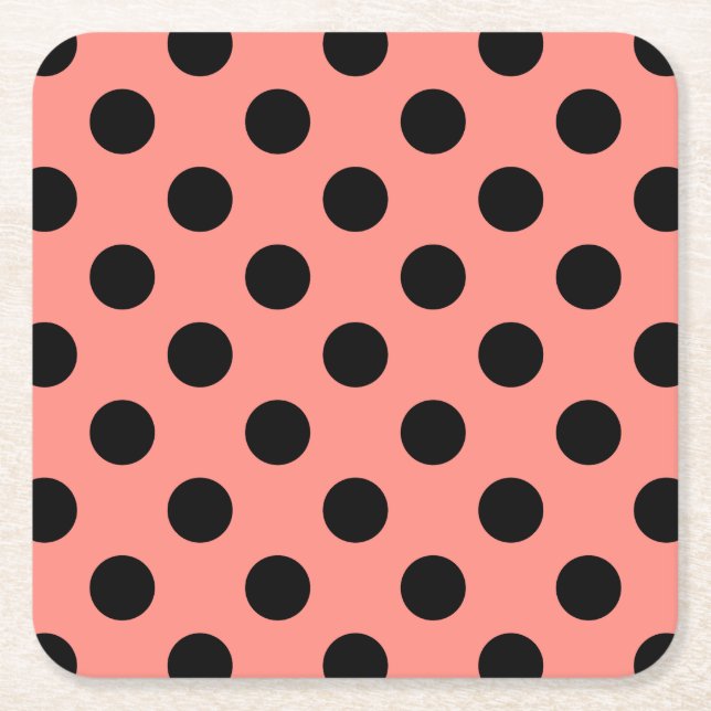 Black polka dots on peach square paper coaster (Front)