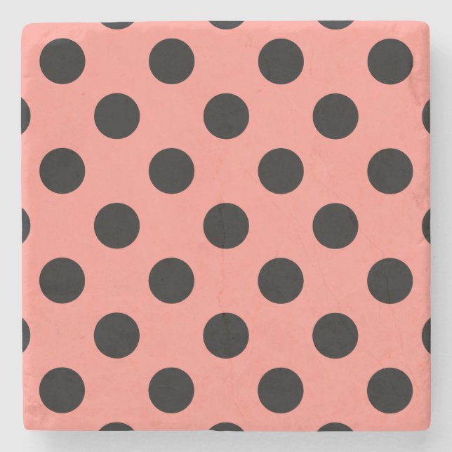 Black polka dots on peach stone coaster (Front)
