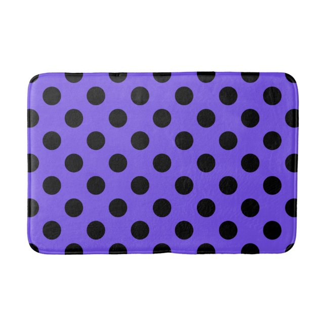 Black polka dots on periwinkle bathroom mat (Front)