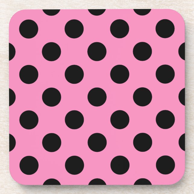 Black polka dots on pink drink coaster (Front)