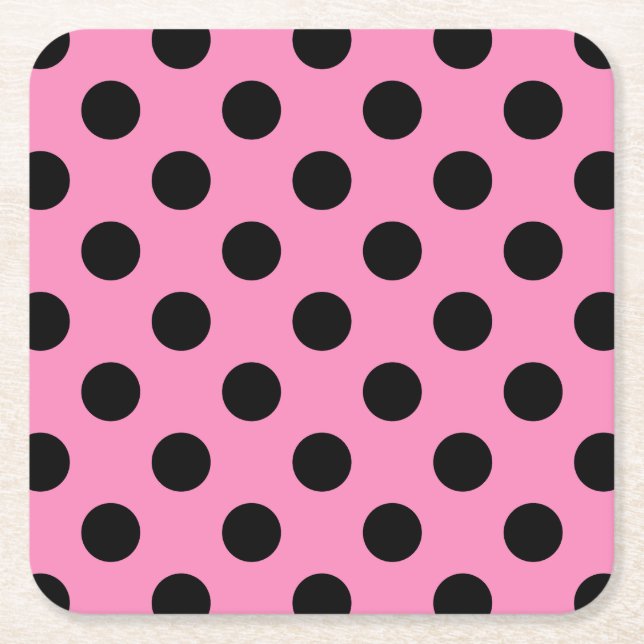 Black polka dots on pink square paper coaster (Front)