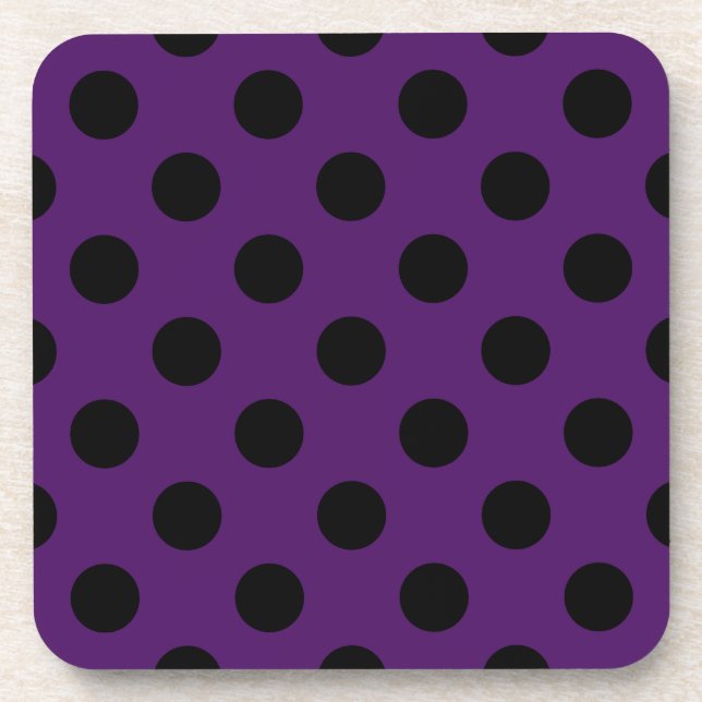 Black polka dots on plum purple drink coaster (Front)