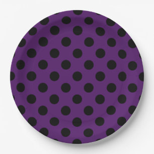 Black polka dots on plum purple paper plates