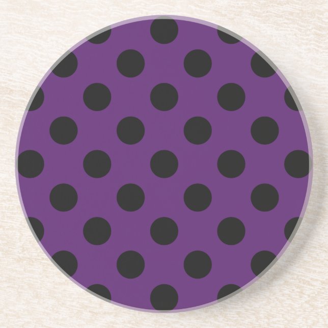 Black polka dots on plum purple sandstone coaster (Front)
