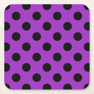 Black polka dots on purple square paper coaster