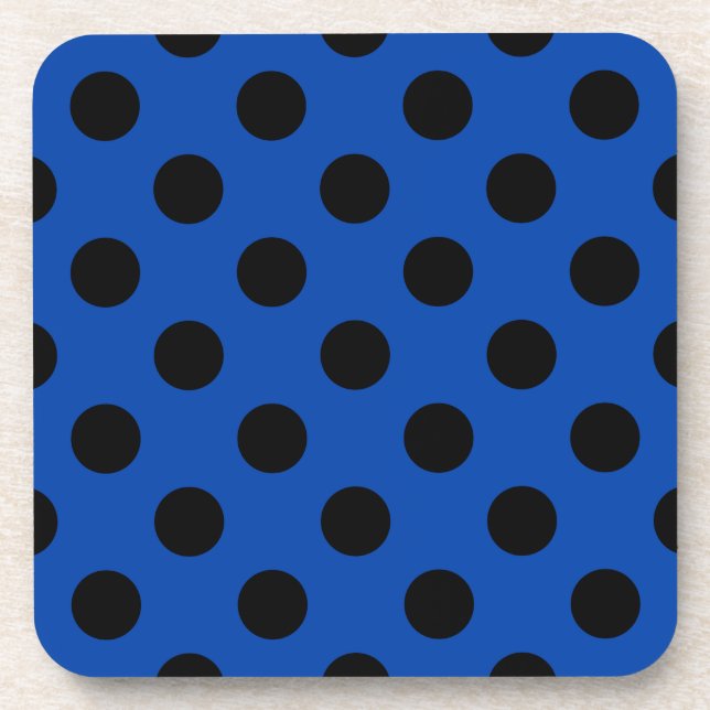 Black polka dots on royal blue beverage coaster (Front)