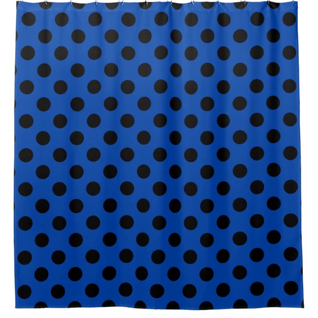 Black polka dots on royal blue shower curtain (Front)
