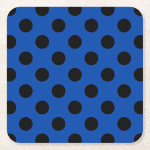 Black polka dots on royal blue square paper coaster