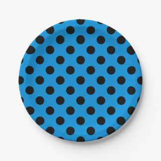 Black polka dots on sky blue paper plates