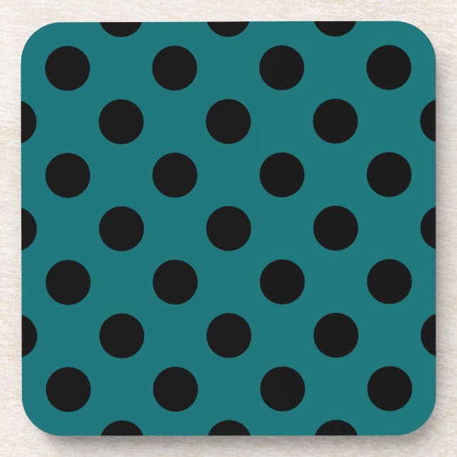 Black polka dots on teal beverage coaster (Front)