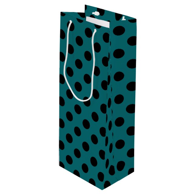 Black polka dots on teal wine gift bag (Front Angled)