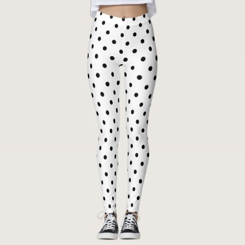 Black Polka Dots on White Background Leggings