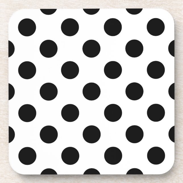 Black polka dots on white beverage coaster (Front)