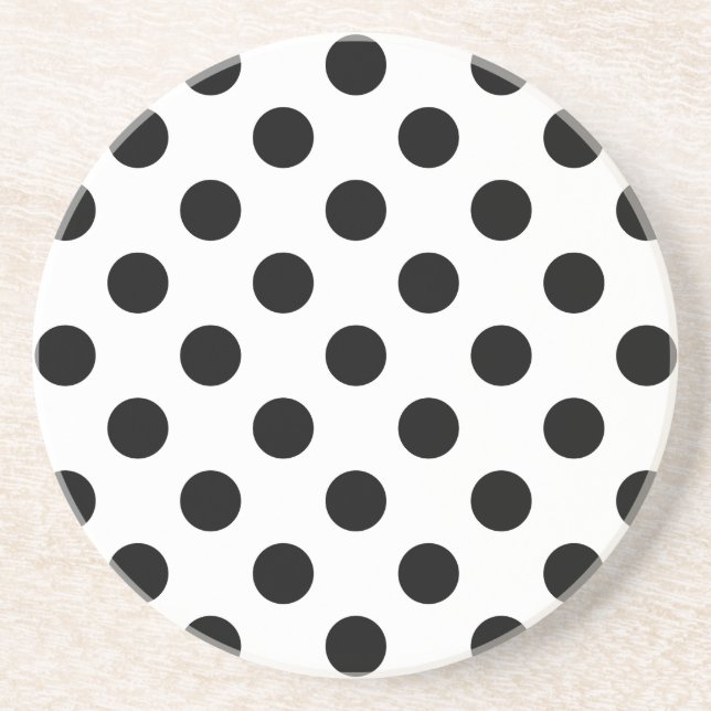 Black polka dots on white drink coaster (Front)